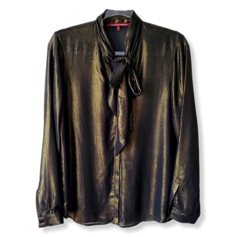 Comptoir Des Cotonnier Women Blouse Top L Metallic Bronze Tie Neck Cocktail Flaw
